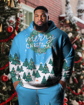 Men's Plus Size Christmas Tree Snow Hoodie Two Piece Set